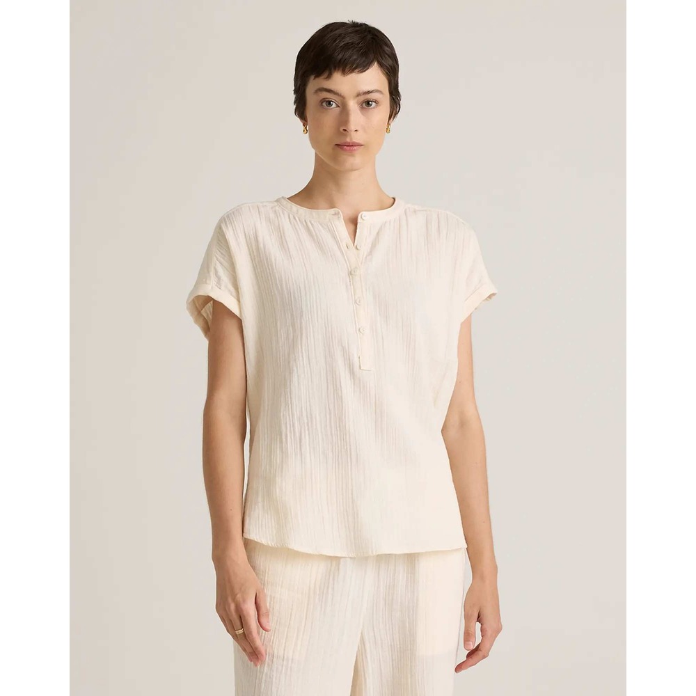 Quince Organic Cotton Gauze Roll Sleeve Henley Shirt Vinegar Cream Large NWT